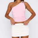 BAIGRAM Women Sleeveless Y2K Beaded Buckle One Shoulder Crop Tank Tops Asymmetric Ruched Slim Fit Summer Boho Going Out Tops Pink (Pink, L)