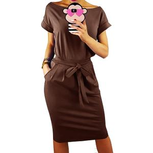 PRETTYGARDEN Women's Summer Short Sleeve Crewneck Striped Dress Basic Solid Tie Waist Office T Shirt Dresses Pockets(Coffee,Small)