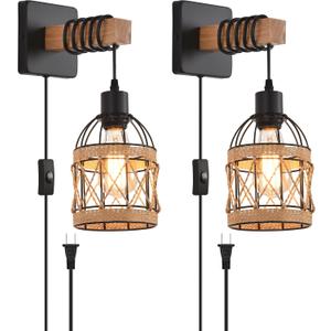 CAFULAM Rustic Wall Sconces Fixtures with Plug in Cord, Set of Two Indoor Vintage Rattan Wall Light Industrial Lamp Fixture Farmhouse Metal Sconces Light for Bedroom Bedside Living Room