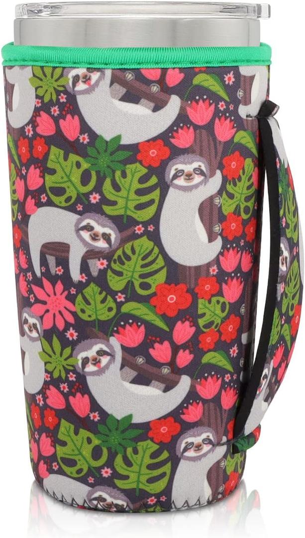 Neoprene Insulated Sleeves Cup Holder with Handle for 20oz Tumbler Cups, Reusable Iced Coffee Sleeve For 30oz - 32oz coffee cups(Sloth on the branch) (20-24 FI OZ Pack of 1)