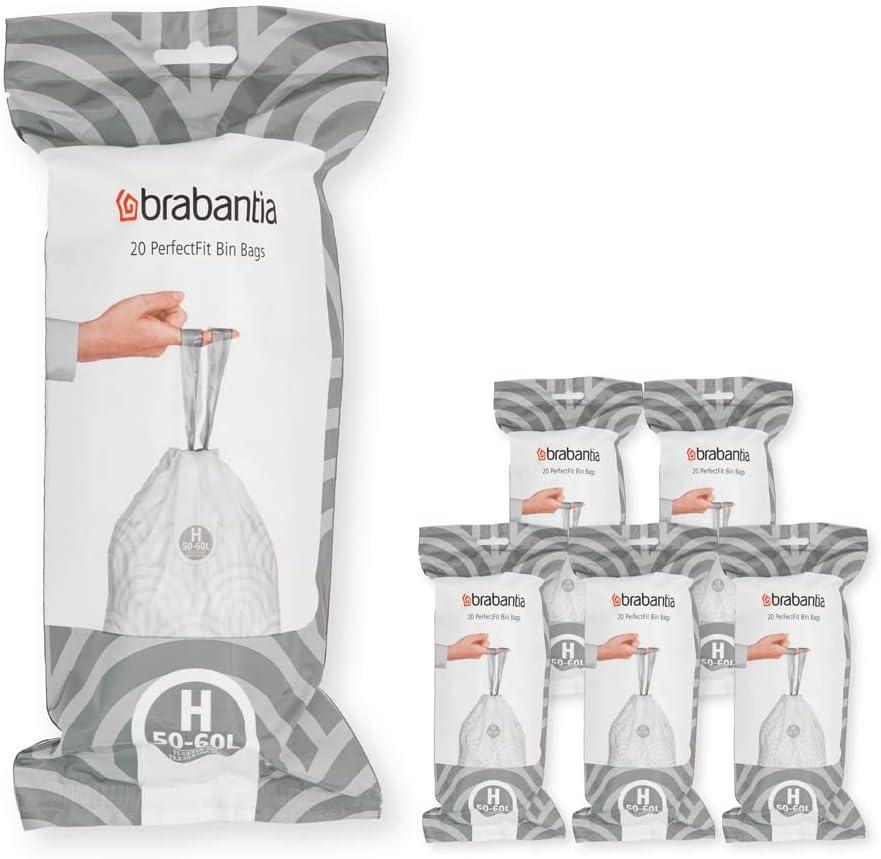 Brabantia PerfectFit Trash Bags (Size H/13.2-16 Gal) Thick Plastic Trash Can Liners with Drawstring Handles (120 Bags)