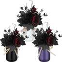 Gejoy 3 Pcs Halloween Table Decor Set Mason Jar with Artificial Flower Black Red Table Centerpieces Faux Flowers with Vases for Halloween Floral Arrangements Home Decorations