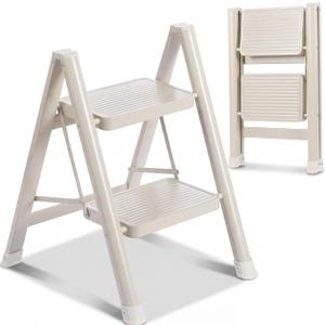 2 Step Ladder Lightweight Portable Folding Step Stool with Anti-Slip Wide Pedal 330lbs Capacity Carbon Steel Ladder for Household, Office, Library (White)