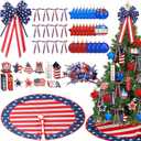 Seematn 78 Pcs Patriotic Christmas Tree Decorations Red White Blue Holiday Ornament Kit with Bows Balls Wooden Hanging Ornament Tree Skirt American Flag Xmas Decor for Christmas Patriotic Party