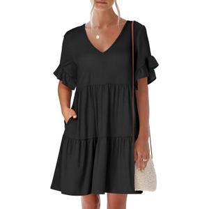 ANRABESS Dresses for Women Summer 2026 V Neck Ruffle Sleeve A Line Tiered Flowy Casual Trendy Mini Beach Dress with Pockets (Black, S)