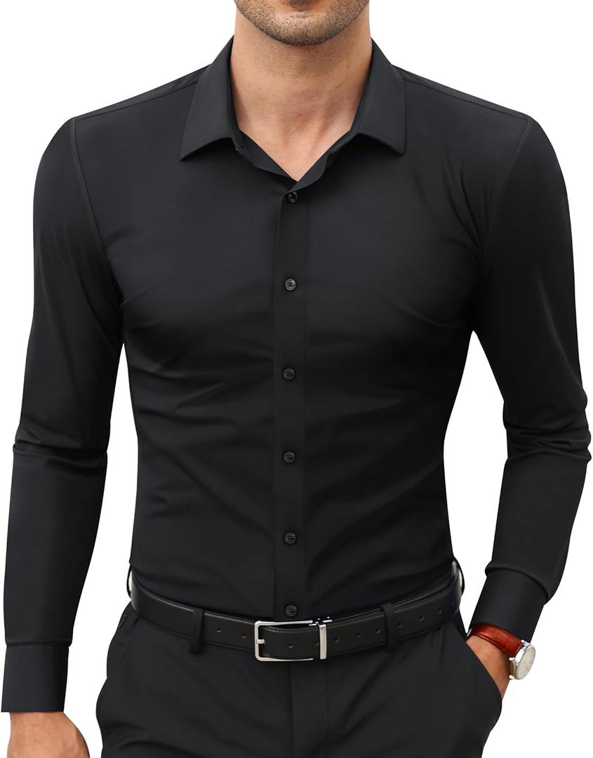 Lion Nardo Stretch Mens Dress Shirts Long Sleeve Slim Fit Dress Shirts for Men Muscle Fit Wrinkle Free Button Down Shirt (X-Large, Black)