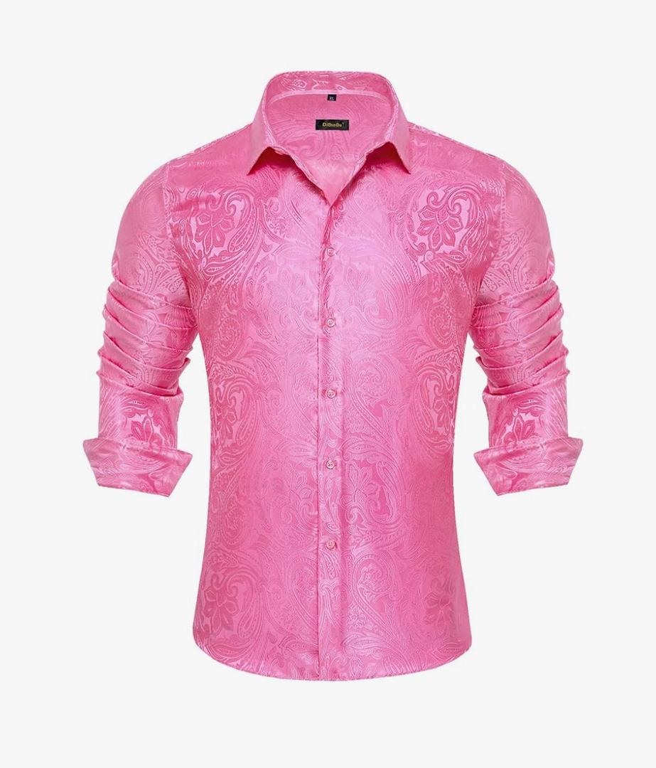 DiBanGu Silk Paisley Dress Shirts for Men Long Sleeve Button Down Shirt Casual Regular Fit Men's Shirts Wedding Party Pink L