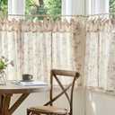 jinchan Floral Linen Kitchen Curtains with Attached Valance 36 Inch Length Farmhouse Cafe Tier Curtains for Living Room Bathroom Rustic Half Window Light Filtering Small Drapes 2 Panels Taupe,30"W x 36"L (Pack of 2)