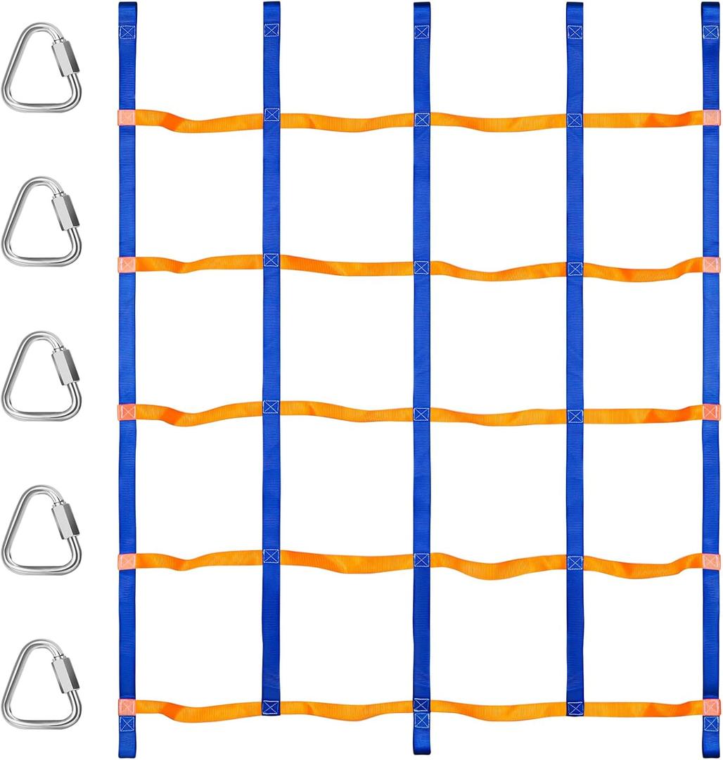 TOPNEW Climbing Net for Kids Outdoor, Portable Ninja Cargo Net Rope Ladder Monkey Bars for Ninja Slackline, Jungle Gyms, Swing Set, Warrior Style Obstacle Courses for Outdoor Treehouse (Blue&orange)