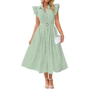 ZESICA Womens Summer Button Midi Dresses 2026 Flutter Short Sleeve Belted Business Casual Work Long Dresses with Pockets, Medium