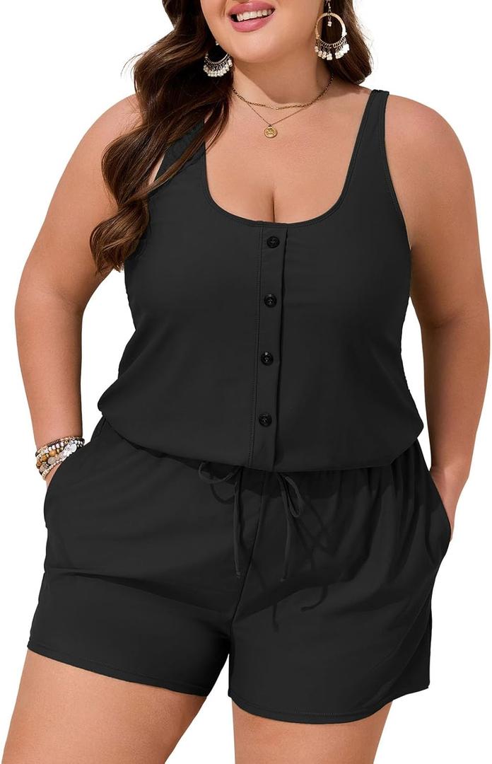 Summer Mae Plus Size Swim Romper One Piece Swimsuit Women Blouson Bathing Suit with Pockets 2026 Modest Swimwear (Black, L)