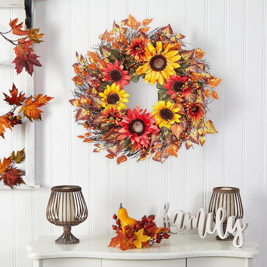 24 Inch Front Door Fall Wreath, Harvest Wreath Decor with Sunflower, Berries, Leaves, Autumn Wreath, Perfect for Thanksgiving Farmhouse Harvest Indoor and Outdoor