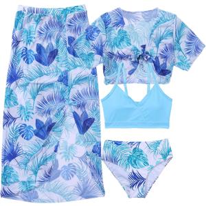 Girls Swimsuit 4 Piece Tropical Bathing Suits Taniki Bikini Swimwear Sets with Cover Up Skirt for 9-16Y (10-11 Years, Blue)
