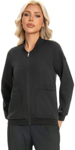 Scrub Jackets for Woman, Zip Front Nurse Jacket, 4-Way Stretch Fabric with Four Pockets,Black, L