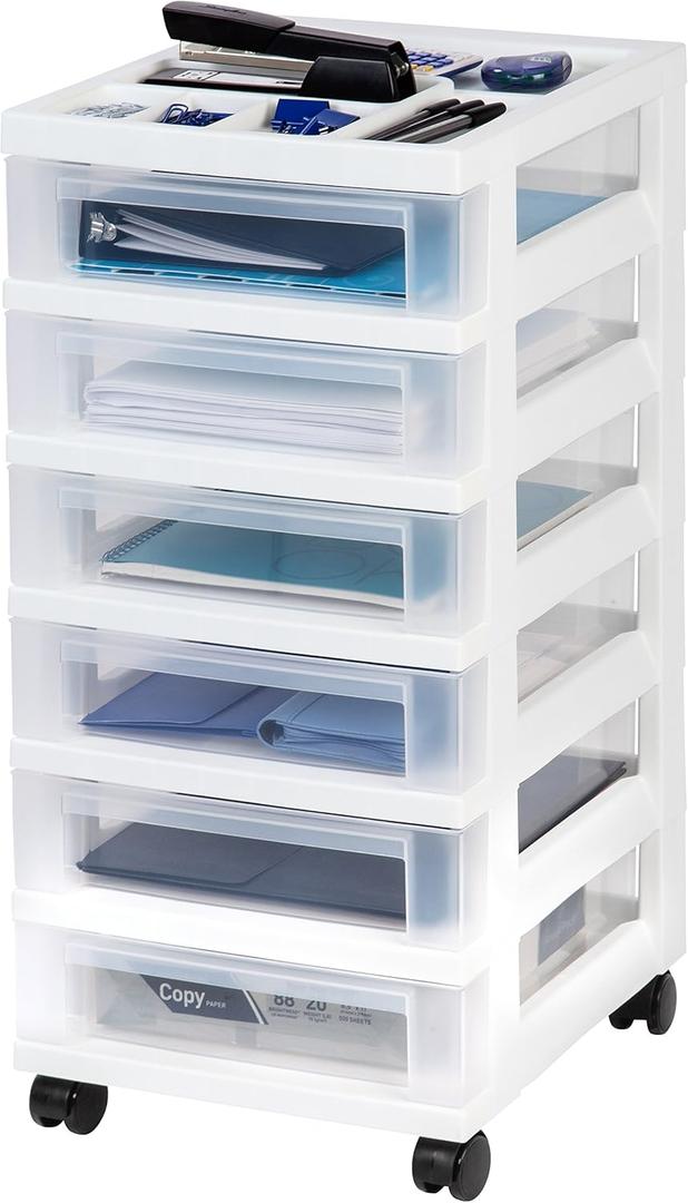 IRIS USA Plastic Drawer Storage Organizer Rolling Cart, with Wheels Casters, 6-Drawers, for Classroom Art Craft Supplies Dresser Closet Bathroom Laundry Room, White/Clear