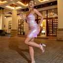 WDIRARA Women's Metallic Ruched Lace Up Backless Spaghetti Strap Sleeveless Mini Cami Dress (Pink, L)