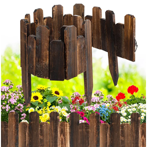 Bucherry 12 Pcs Staggered Wood Garden Edging Border Short Picket Fence Burnt Wood Finish Outdoor Landscape Flower Bed Decorative Borders with Gloves for Spring Garden Lawn Yard,7.9 x 47 Inches