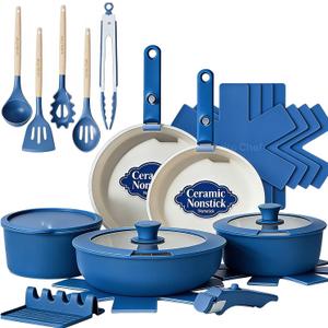 Umite Chef Pots and Pans Set Non Stick, 21 pcs Ceramic Cookware Set with Detachable Handles, Healthy Induction Cookware Oven Safe RV Kitchen Cooking Set with Utensils, PFAS PFOA & PTFE Free, Navy, Large