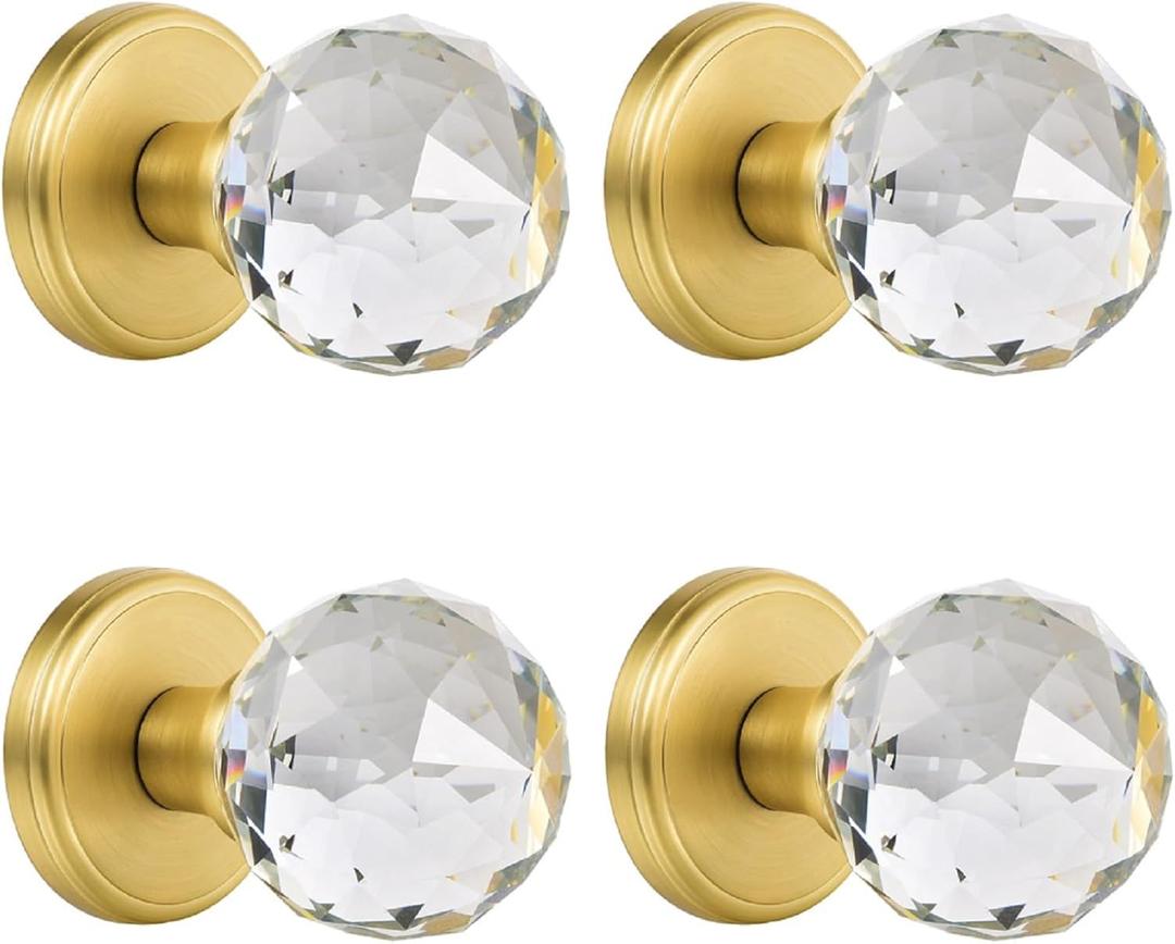 4 Pack Crystal Glass Dummy Door Knobs, Inactive Round Half-Dummy Door Knob Set, Single Side, Satin Brass
