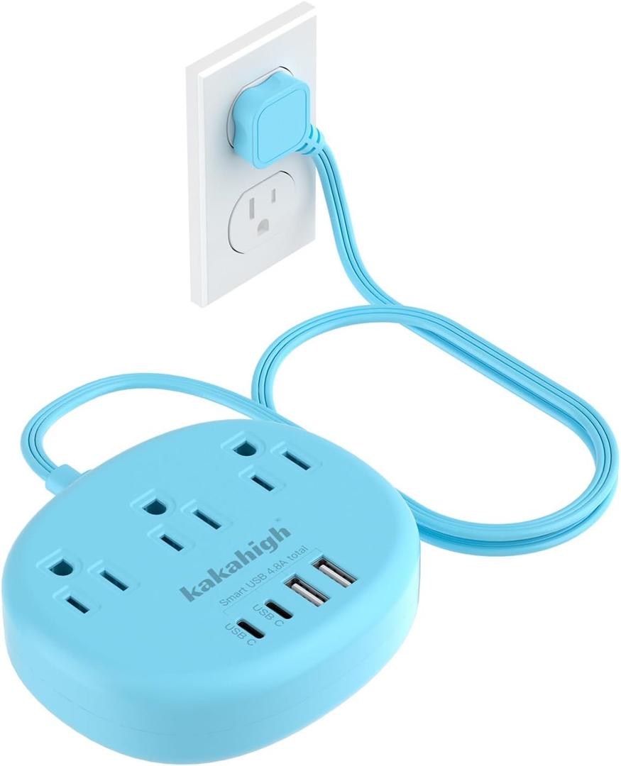 Blue Extension Cord with Surge Protected 1080J - 5 FT Flat Extension Cord, 1625W Cute Extension Cord with 3 AC Outlet 4 USB (24W/4.8A), Compact for Cute Blue Kawaii Desk Accessories
