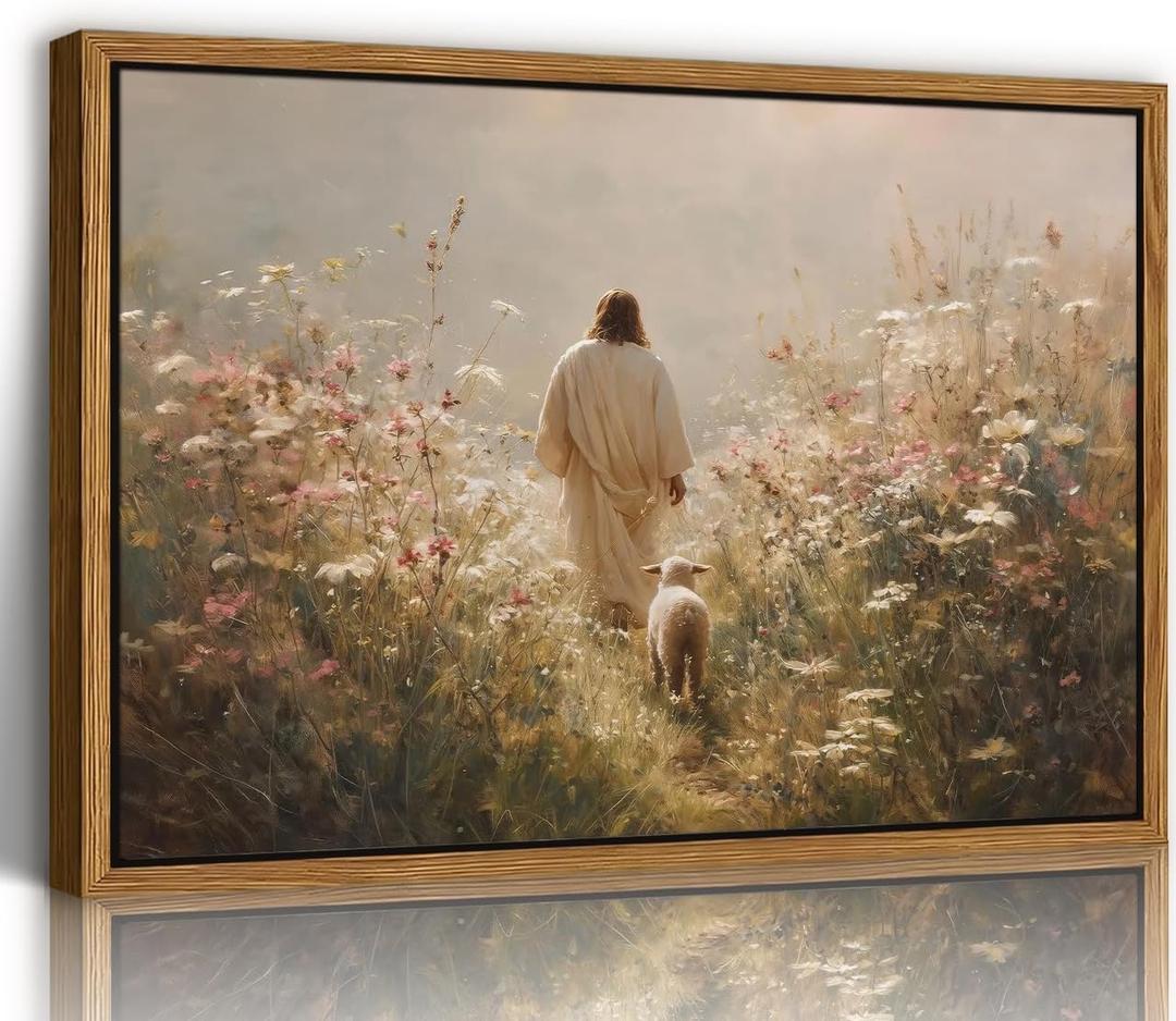 Jesus Leaves the 99 Sheep Wall Art Framed, Christian Canvas Wall Decor Picture Jesus and Lamb Painting The Lost Sheep Artwork for Living Room Bedroom Church Prayer Home Decoration(16x24in)