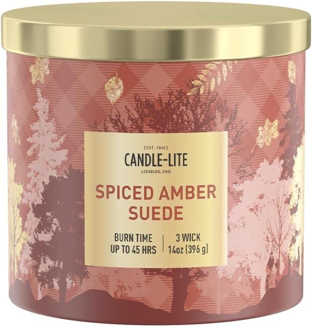 Candle-lite Fall Scented Candles, Amber with Leathered Musk and Spiced Cardamom, 14 oz 3-Wick Jar Candle, Proudly Poured in USA, Autumn Home Decor, 45 Hours of Burn Time, Ideal Gift for Men and Women