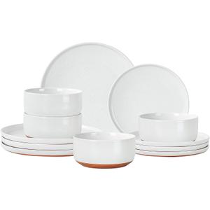 GZG Modern Art Series - 12 Pcs Speckled Stoneware Plates and Bowls Sets, Ceramic Dinnerware Set with Rustic Terracotta Underside, Microwave and Dishwasher Safe Handcrafted Dishes Set - Porcelain White