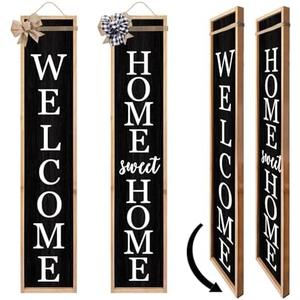 Outdoor 2in1 Welcome Sign for Front Porch Standing 45"X9" Long Vertical Leaner Tall Wood Framed Modren Rustic Farmhouse Large Home Sweet Home Signs Front Door For Outside Decor (Wood Black)
