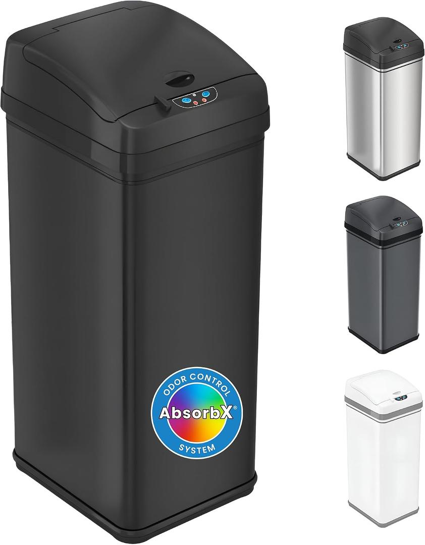 iTouchless 13 Gallon Automatic Garbage Can with Odor Filter, 50L Touchless Kitchen Wastebasket, Smart Hands-Free Motion Sensor Lid, Fingerprint-Proof, Pet-Proof Dog Lock & Soft-Close, Matte Black