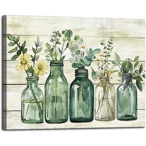 Yaoliyu Rustic Bathroom Decor Eucalyptus Flower Canvas Wall Art Green Botanical Prints Plant Floral Glass Vase Painting Bathroom Picture Wall Decor Farmhouse Artwork 16x20inch