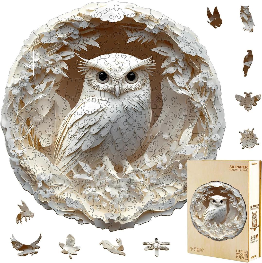 Wooden Puzzles Adults 300 Pieces, White Owl Animal Shaped Wood Puzzle with Unique 3D Paper Carved Effect, Challenging Jigsaw Puzzles, Christmas Birthday Gifts for Women Mom, Wall Decor13.3in