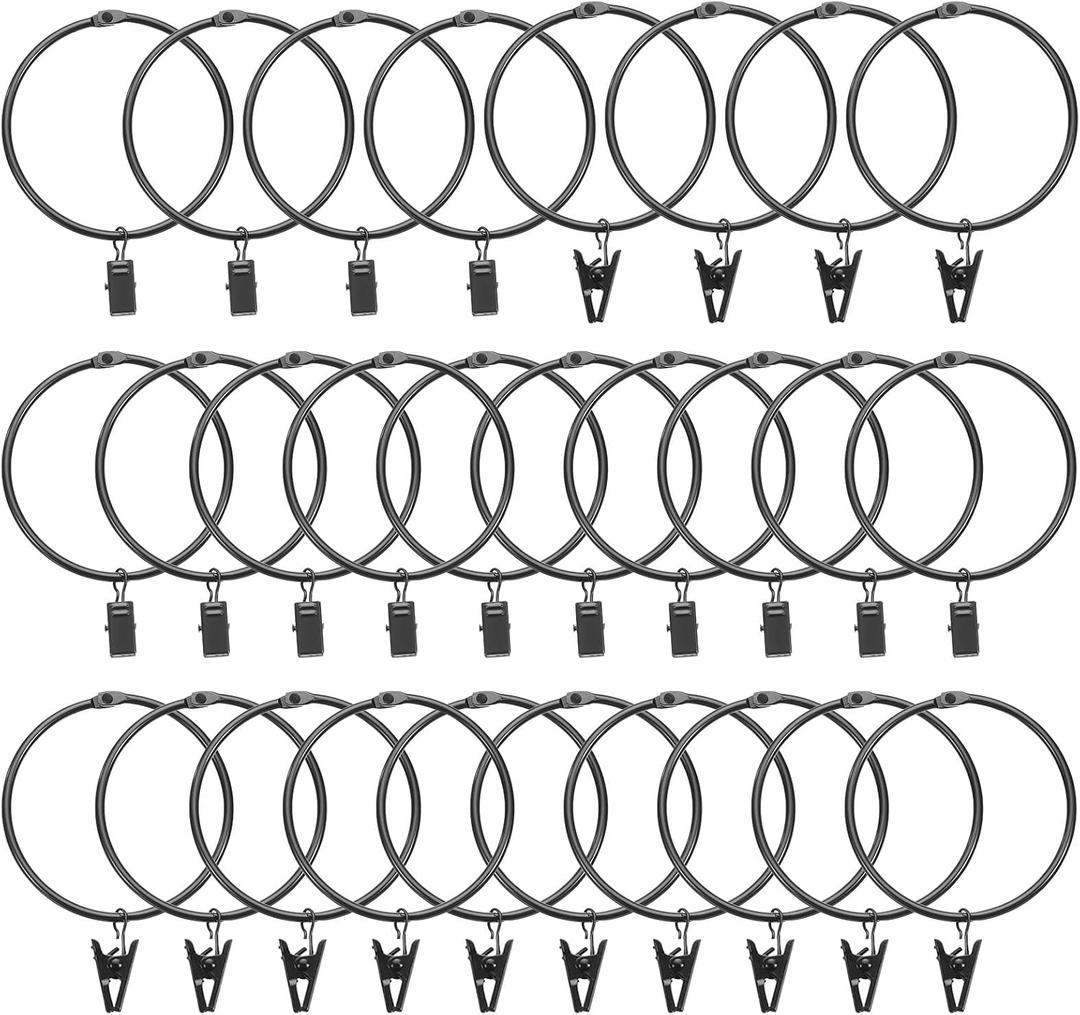 uxcell 28 Pack Curtain Rings with Clips, 3" Interior Diameter Curtain Clip Rings Hooks for Hanging Drapery Vintage Decorative Rustproof Drapery Ring with Hooks, Black