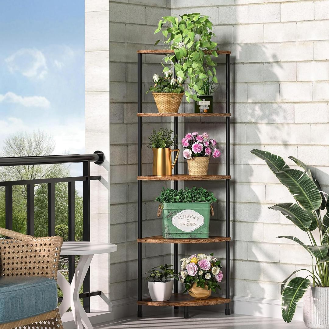 Greatseas Corner Plant Stand Shelf, 5 Tier Tall Shelf Plant Stand for Indoor Plants, Rustic Brown Corner Bookshelf Wall Decor Living Room, 44.1" Display Shelf for Bedroom, Bathroom, Small Space