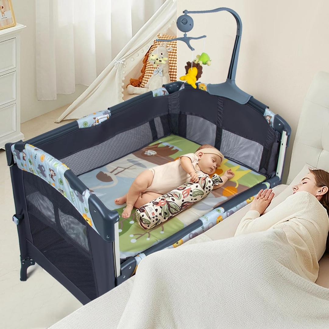 5-in-1 Baby Bassinet Bedside Crib, Pack and Play Long Next to Parents Bed Crib with Toys & Music Box, Mattress, Foldable Playard, Playpen Travel Bed Nursery Center for Girl Boy Infant Newborn, Black