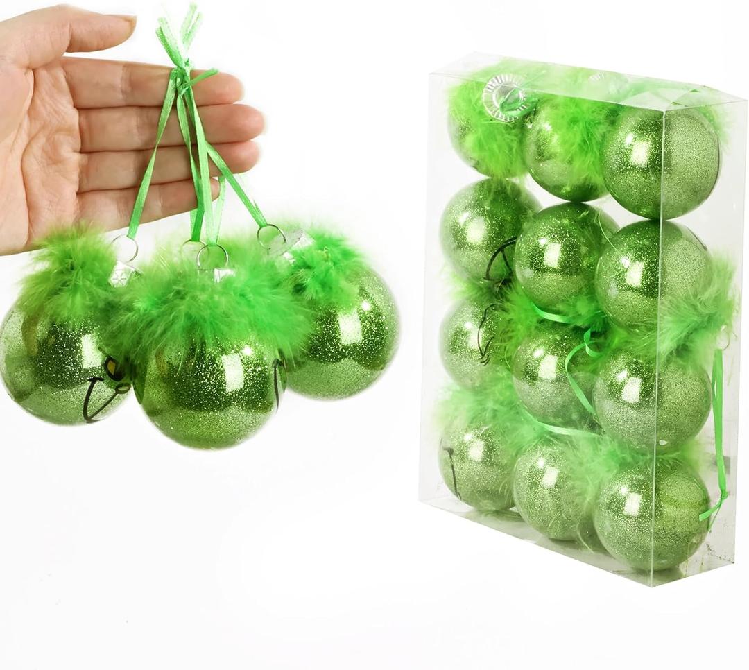 Christmas Tree Hanging Decorations: 12 Pcs Green Christmas Tree Ornaments with Fluffy Feather Hair, Cute Christmas Thief Themed Xmas Balls for Kids Gift, Home Tree Mantel Office Party Decor