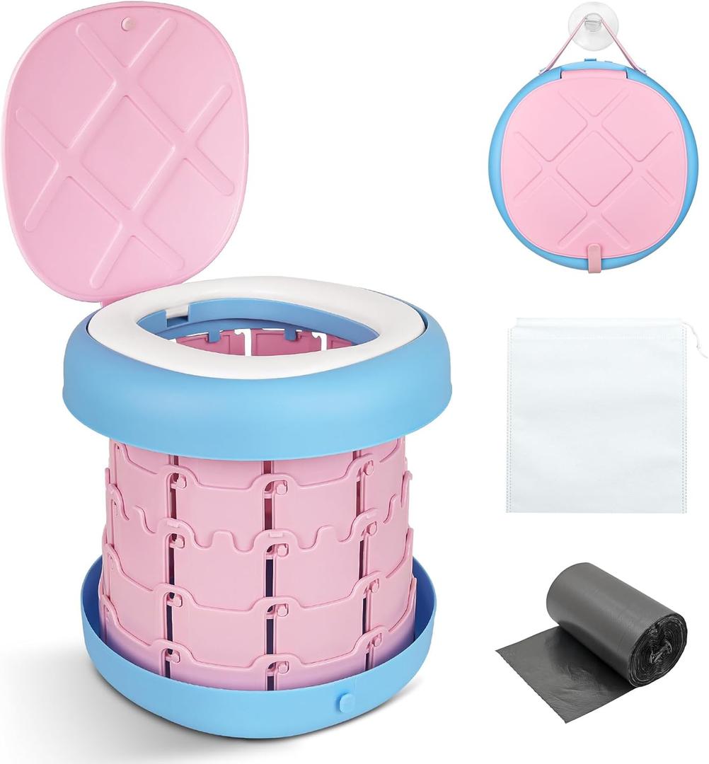 Inmorven Portable Toilet Camping Foldable Potty Travel Toilet Adjustable Height Training Toilet Seat Emergency Toilet Travel for Toddler Adults Kids for Car,Camping, Trips,Boat,Indoor,Outdoor etc. (Pink&Blue)