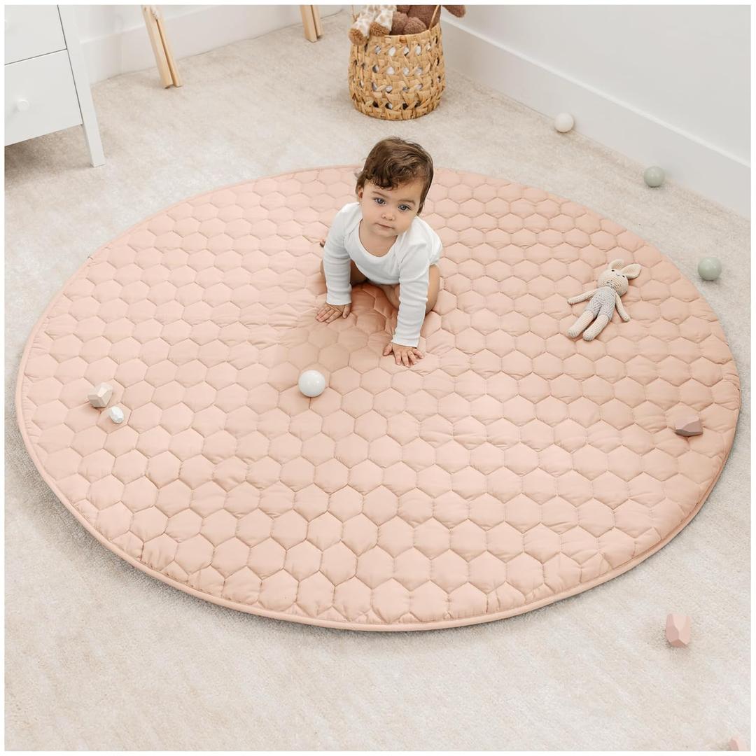 Comfy Cubs Round Kids Play Mat - Large 60 inches Soft Quilted Baby Floor Mat with Non-Slip Bottom - Plush Design for Toddlers' Playtime - Comfortable and Durable - Blush