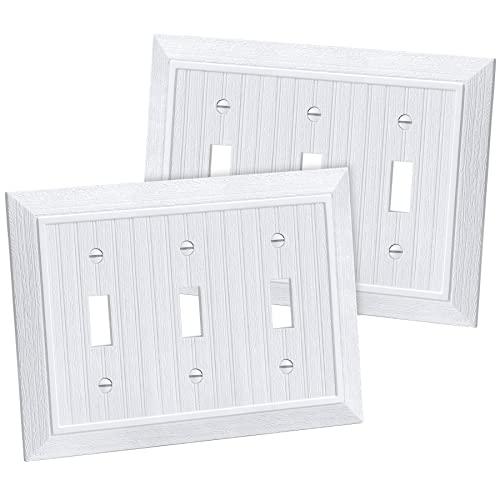 CML Classic Triple Toggle Switch Wall Plate, 3-Gang Outlet Cover, 2 Pack, Vintage Retro Wood Grain Design Beadboard Wallplate, Impact Resistant, Standard Size 6.87”X 4.87”, White