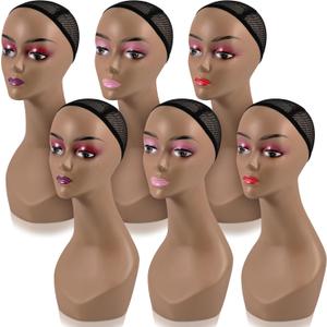 Leinuosen 6 Pcs Female Realistic Mannequin Head for Wigs 19" Lifelike Plastic Manikin Display for Sunglasses, Earrings, Jewelry, Beauty Accessories, Brown