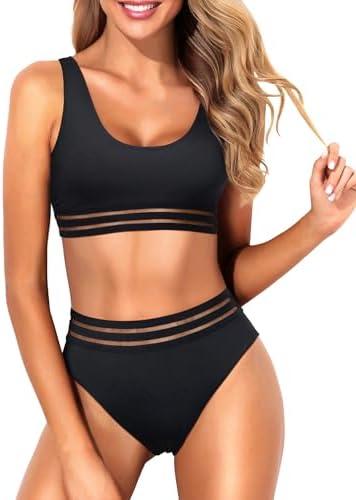 Tempt Me Women Two Piece Scoop Neck Bikini Crop Top Swimsuit Sporty High Waisted Bathing Suit, Black, L