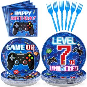 96Pcs 7th Video Game Birthday Party Decorations Blue Video Game Level Birthday Plates and Napkins Tableware Sets for Boys 7 Years Old Gamer Gaming Party Serves 24