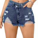 ZVO Women's Ripped Denim Jean Shorts Summer High Waisted Casual Distressed with Double Button Shorts Frayed Raw Hem Jeans Light Blue L