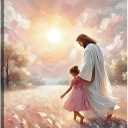 Jesus and Girl Wall Art Christian Poster Painting Jesus and Children Canvas Art Print Soft Pink Sunset Landscape Wall Decor Picture For Baby Girl Room Nursery Room Living Room Bathroom Religious Decorations 12*16 in (Canvas)