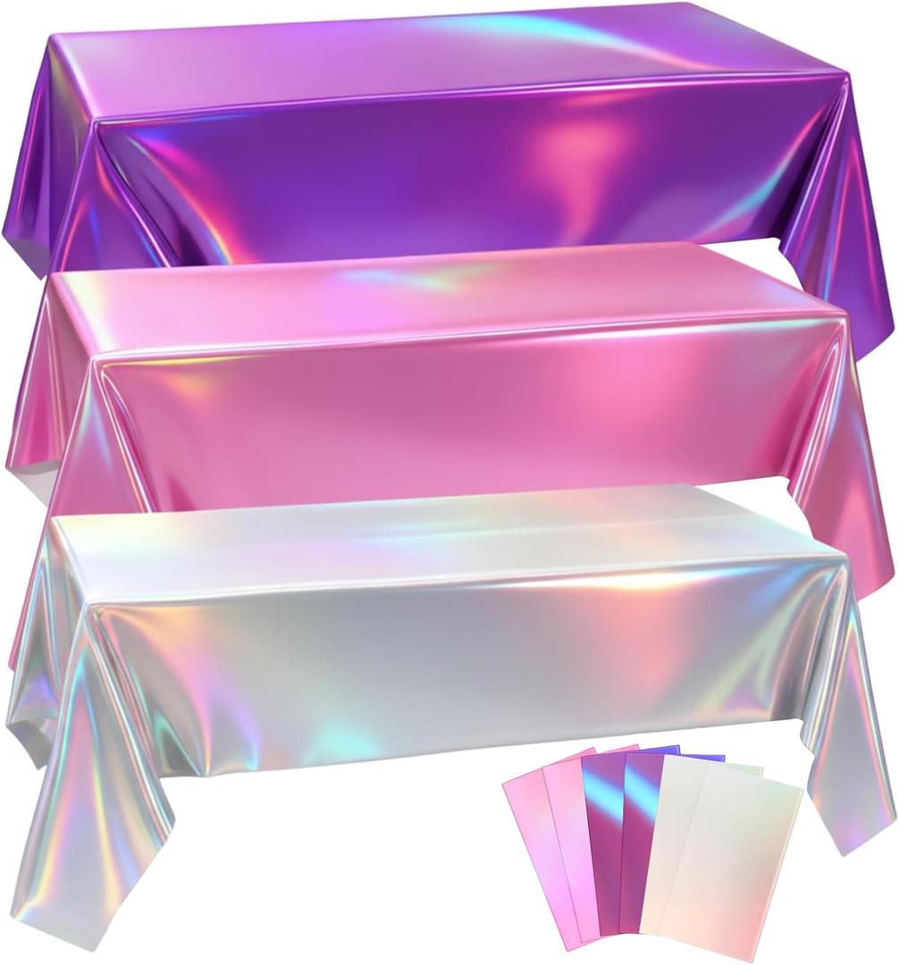 2 x Oudain 3 Pcs Kpop Theme Party Purple & Pink & Silver Iridescent Party Tablecloth 54 x 108 Inch Plastic Rectangle Tablecloth Waterproof Table Cover for Kpop Theme Birthday Decoration