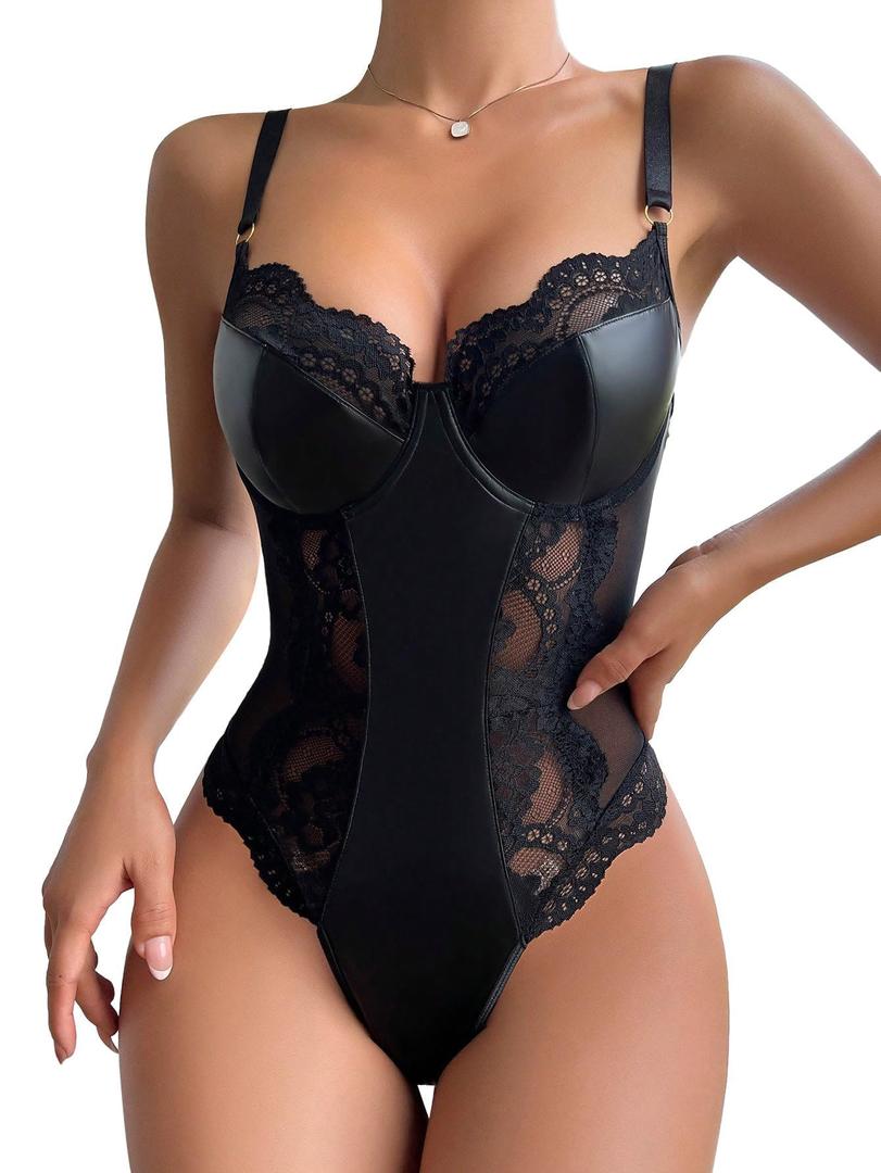 Lilosy Sexy Leather Underwire Push Up Floral Lace Sheer Corset Lingerie Women Teddy Bodysuit Bustier Top One Piece L