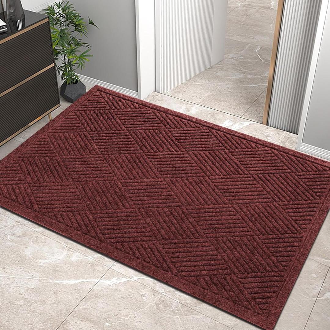 Sturdy Front Door Mat, Absorbent Muddy Dirt Resist Welcome Door Mats Outdoor Indoor, Stain and Fade Resistant, Non-Slip Rubber Backing Low Profile Doormat for Entryway, 3624, Red (36" x 24")