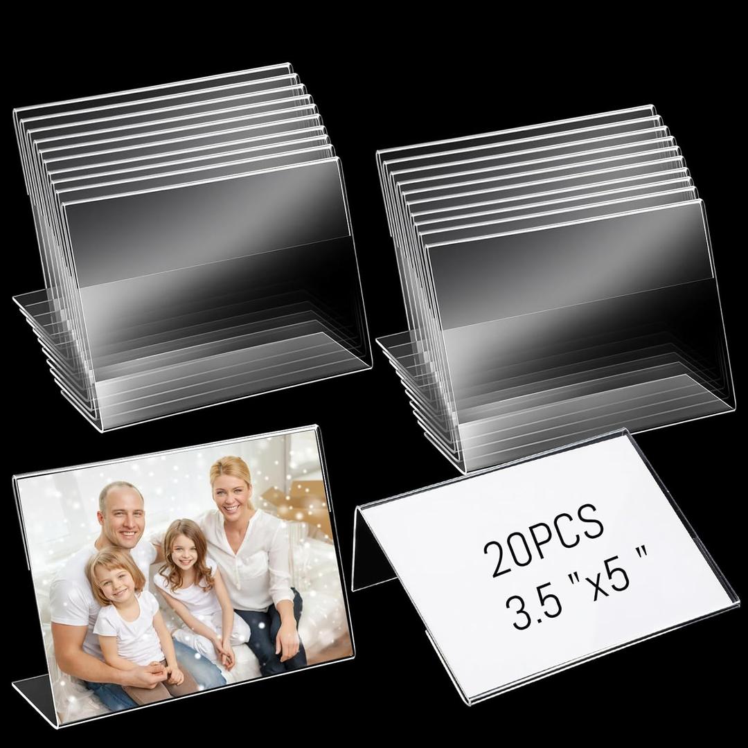 Limbeuuu 20 Pcs 3.5 x 5 Inch Acrylic Picture Frame Slant Back Photo Frame Clear Sign Holder Mini Acrylic Display Holder L Shaped Display Stand for Classroom Home Office Decorating Supplies