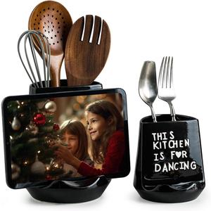 Utensil Holders for Countertop, 6.7"+4.5" Ceramic Cooking Utensil Crocks for Kitchen with Recipe Holders Utensil Organizers with Tablet Stand for Spatula, Halloween Decor, Set of 2, Black