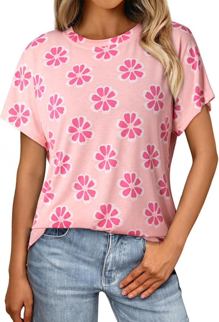 Dokotoo Womens Tops Crewneck Floral Print Short Sleeve Summer T Shirts for Women Casual Loose Fit Blouses (Pink, S)