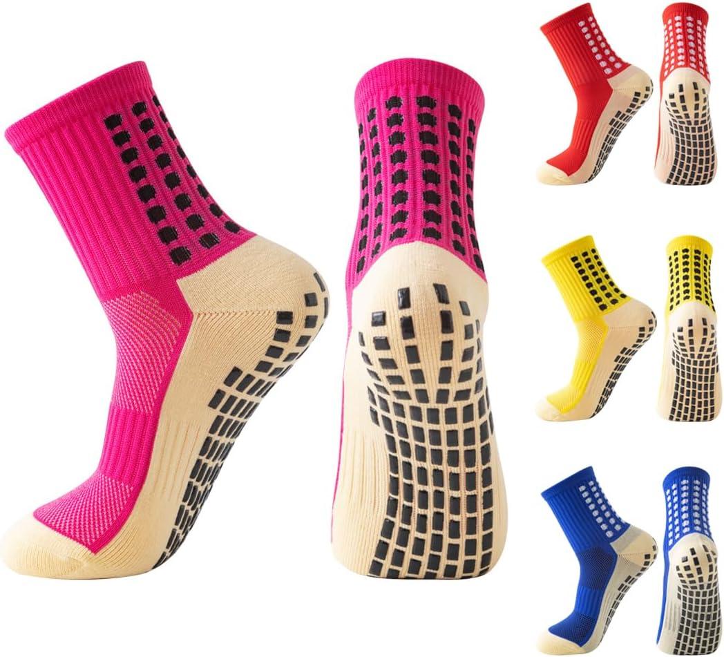 Non Slip Socks 4 Pairs Anti Slip Football Socks Men's Athletic Anklets with Grips for Yoga Basketball Sports (Blue+pink+yellow+red)